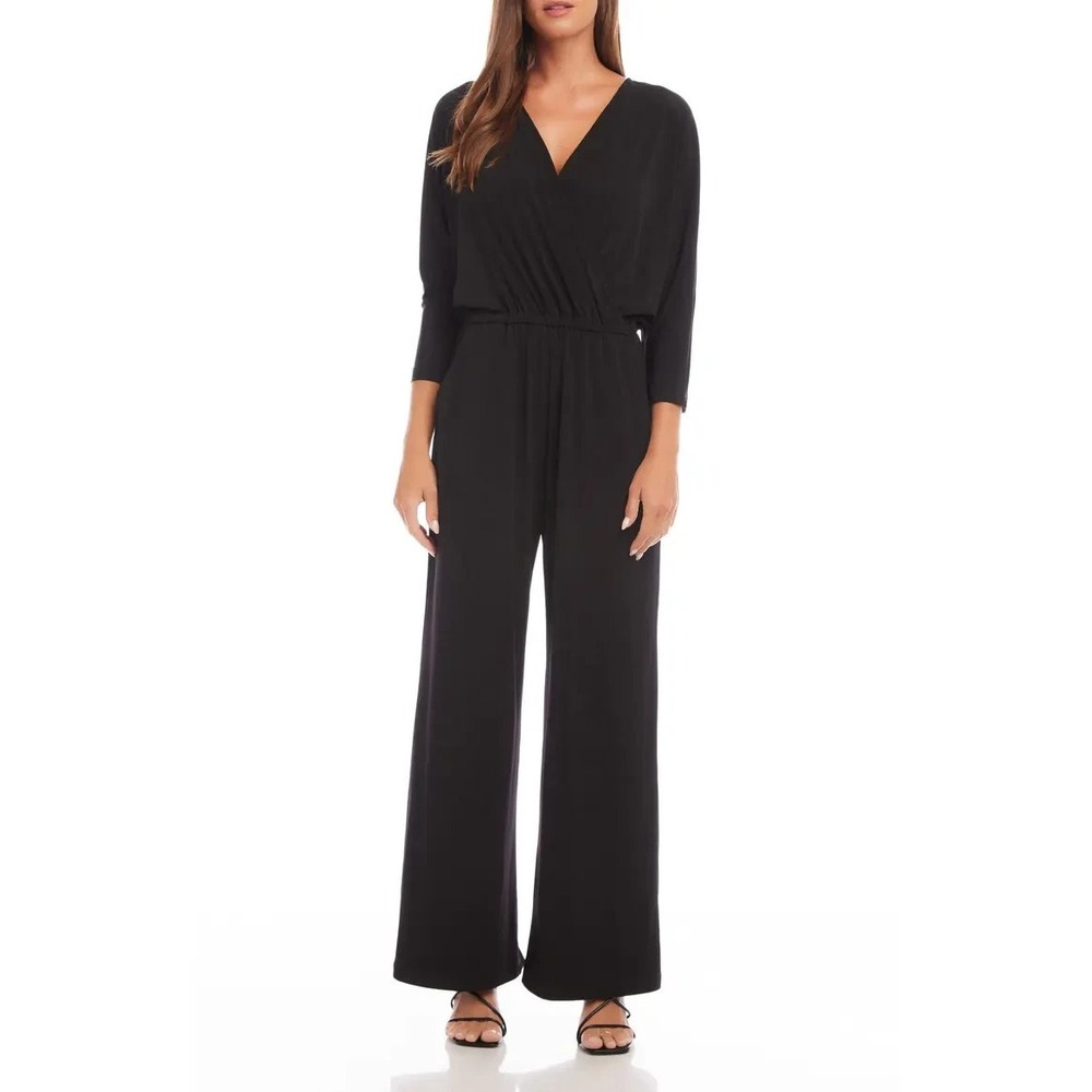 Karen Kane‎ Womens Black V-Neck Wrap Jumpsuit Wide Leg 3/4 Sleeve Size SP